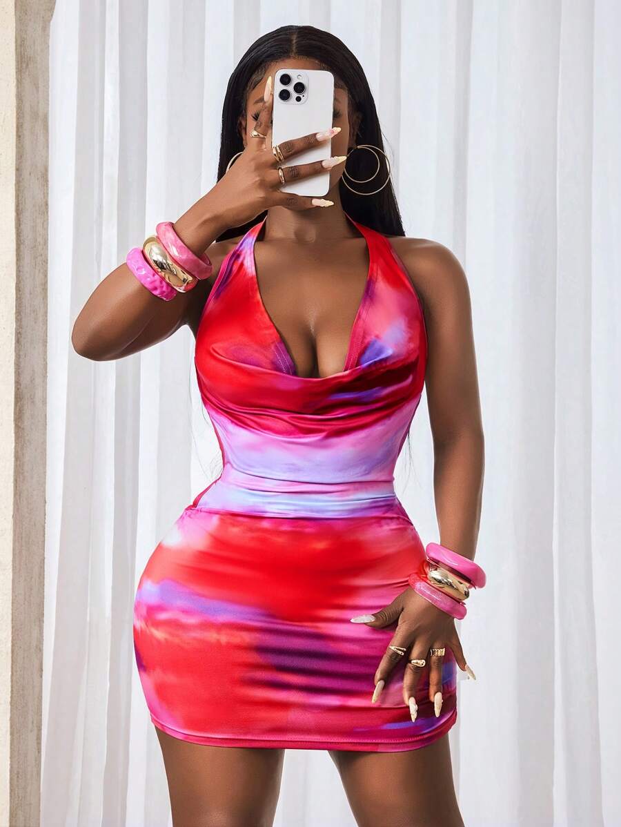 BamGleam Vestido sin espalda con tirantes de mujer con estampado de tie-dye