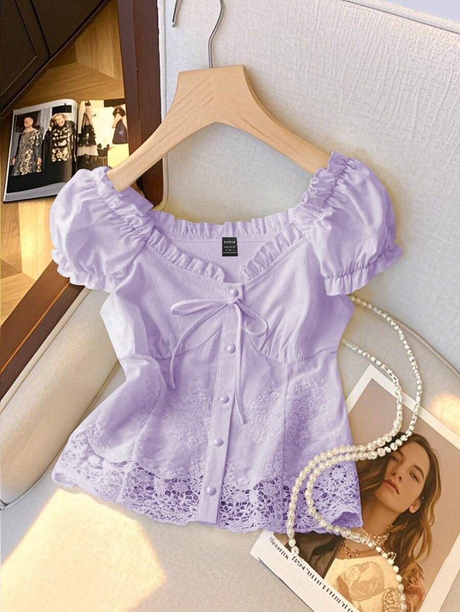 Franclia Women's Sweet & Elegant French Style Lace Trim Off Shoulder Tie-Up Slim Fit Cropped Shirt/Blouse, Spring/Summer