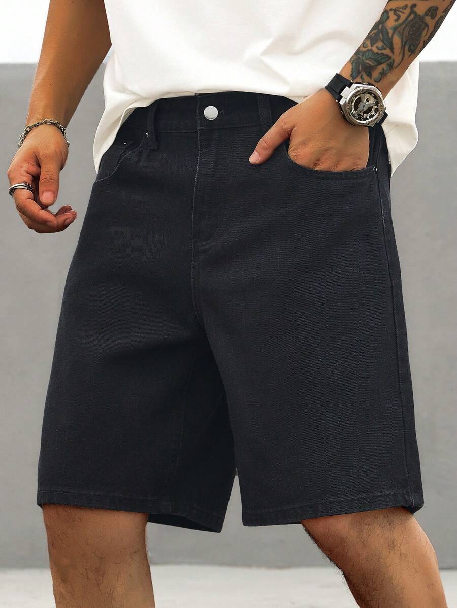 Manfinity LEGND Pantalones cortos de mezclilla anchos y sueltos informales para hombre