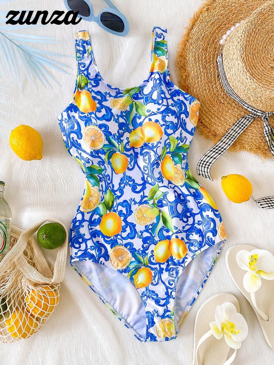 Traje de baño de una pieza con estampado de flores y limones para adolescentes/jóvenes, bañador informal para nadar y vacaciones