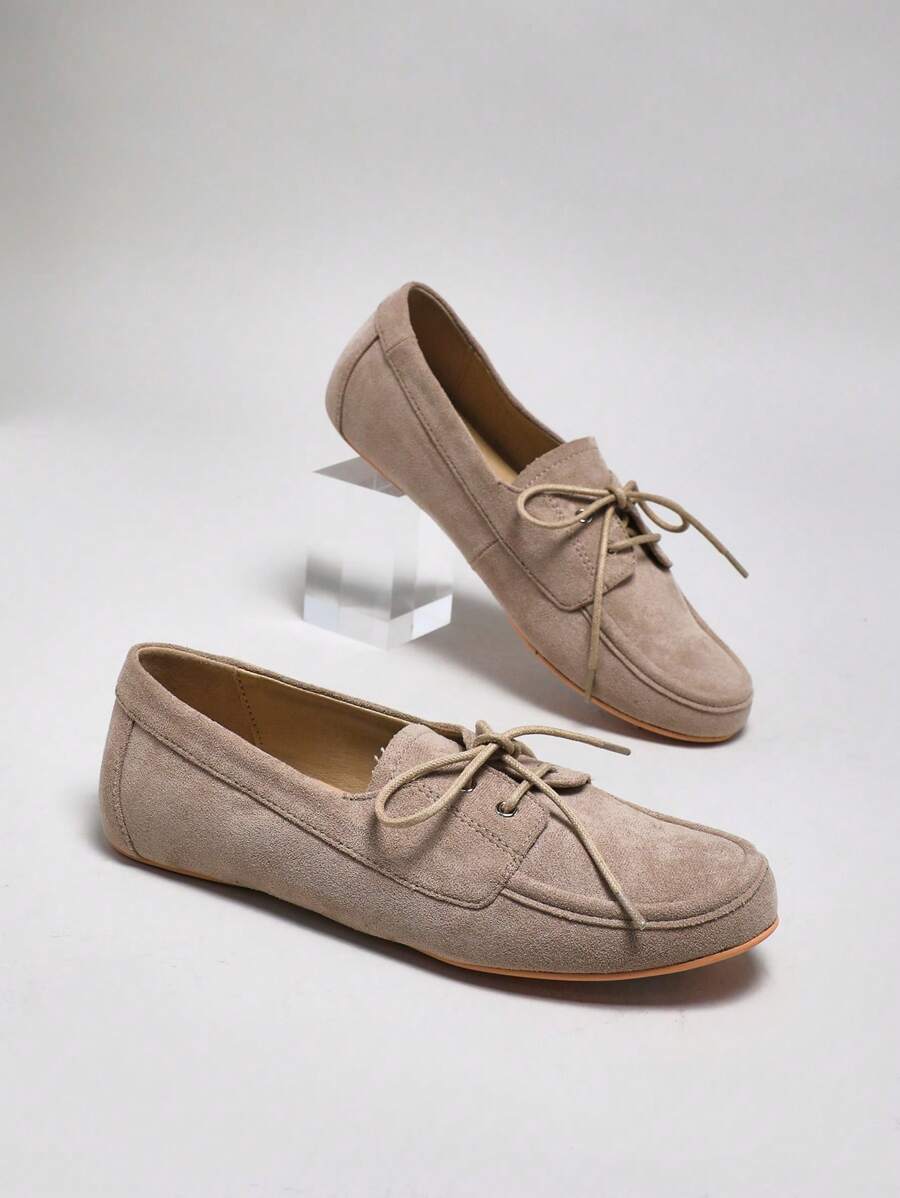 SHUZIA Women's Round Toe Soft Bottom Lace Up Suede Casual Flats
