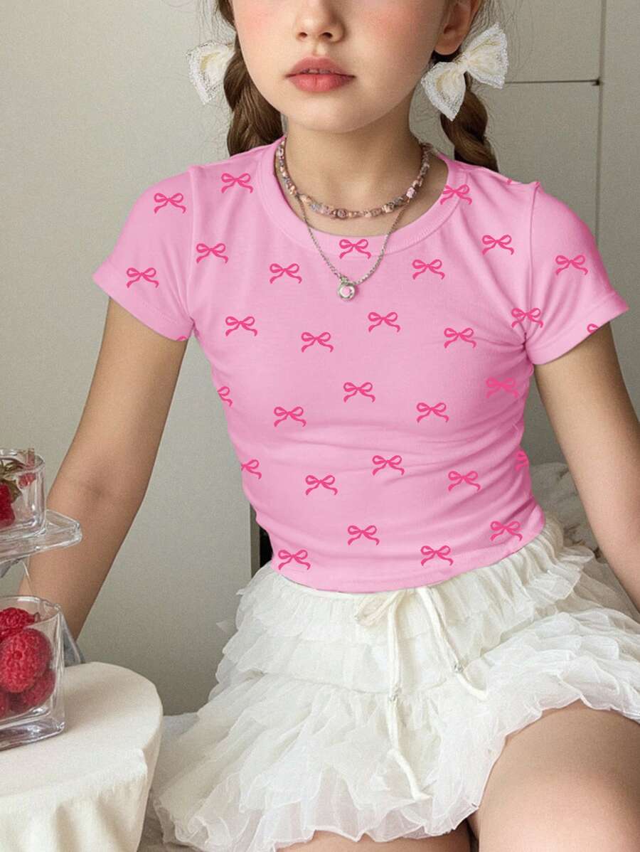 Tween Girls' Slim Fit Casual Solid Color Round Neck Ruched Short Sleeve T-Shirt, Suitable For Summer