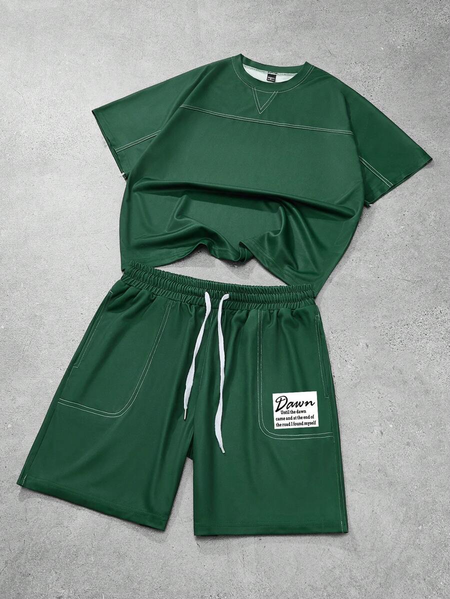 Manfinity Hypemode Conjunto informal de camiseta de manga corta y holgada de caída de hombros para hombre, conjunto de 2 piezas de verano para hombre de pantalones cortos y camiseta casual, conjunto de 2 piezas de pantalones cortos para hombre