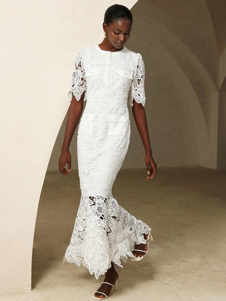 Aveloria Rosie Elegant Lace Hollow-Out Mermaid Dress, Graceful Elegant, Round Neck, Half Sleeve Design