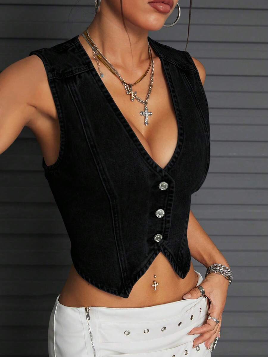 SHEIN Tall Gilet di jeans senza maniche per donne