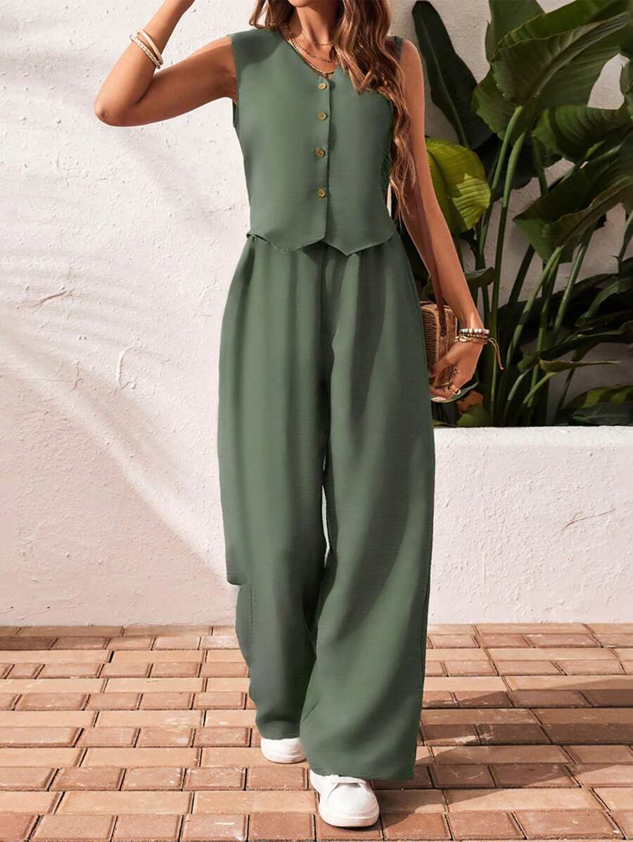 SHEIN Frenchy 2pcs/Set Women's Casual Single-Breasted Vest And Pants, Summer