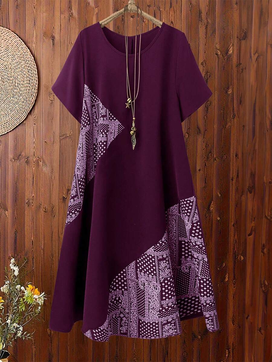 Rusticease Vestido casual de talla grande con estampado de patchwork para vacaciones