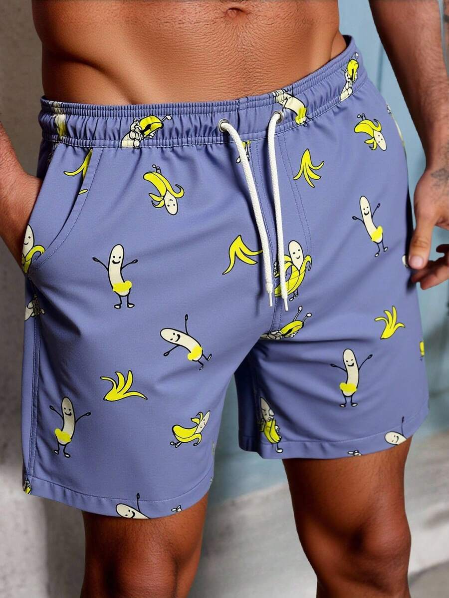 Manfinity Swimmode Shorts casuales de playa con estampado de plátano para hombres, ideal para vacaciones de verano