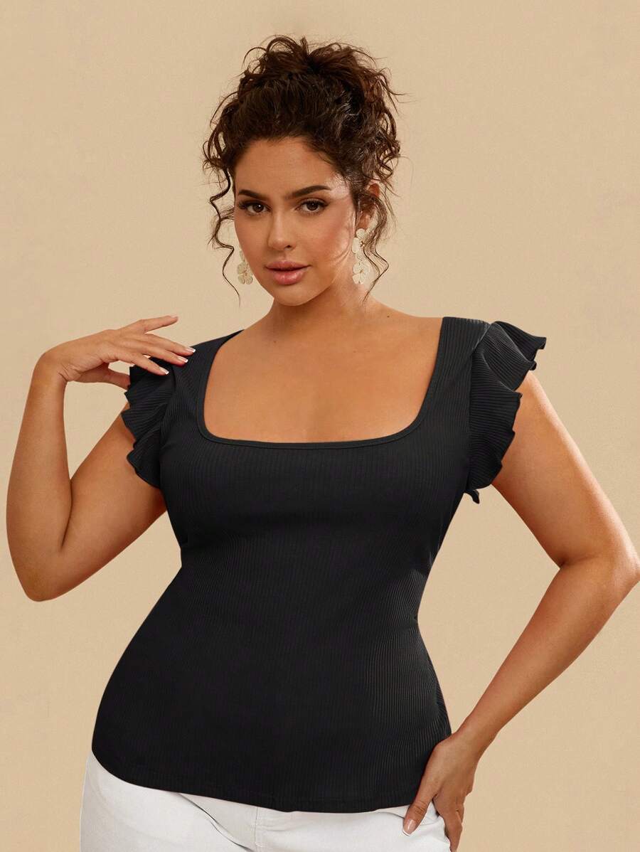 Travachic Top ajustado y corto de mujer talla grande de color rojo sólido con mangas abullonadas, estilo tropical casual de vacaciones
