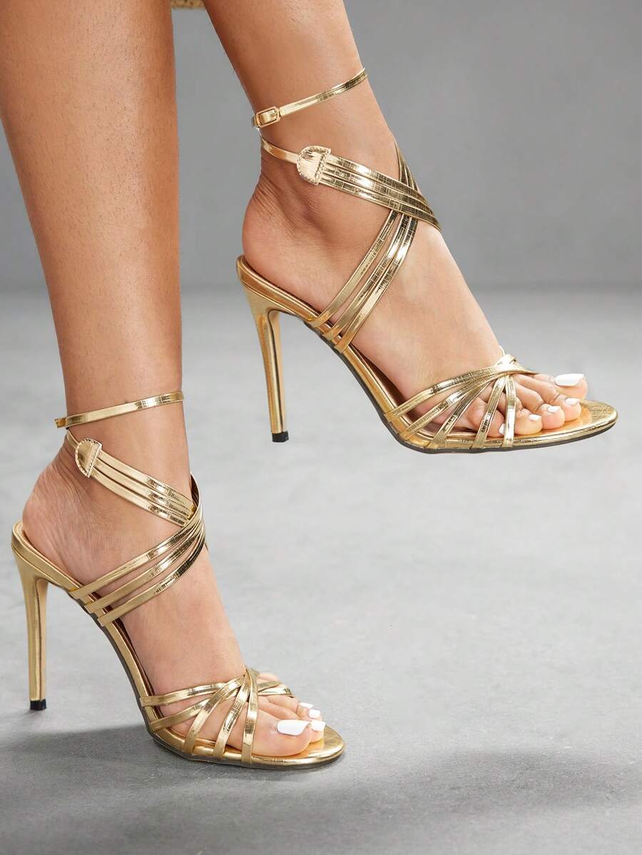 CUCCOO SZL Women's Sexy Fashion Thin Strap Round Toe High Heel Sandals, Casual Versatile Ankle Strap Gold Heeled Shoes