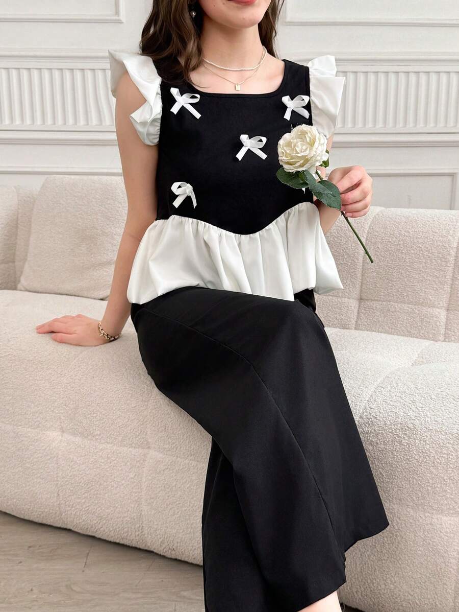 WESTFADE Young Set elegante da 2 pezzi per adolescenti e donne di taglia petite, composto da top con maniche a campana e fiocco, e pantaloni a gamba ampia, adatto per vacanze