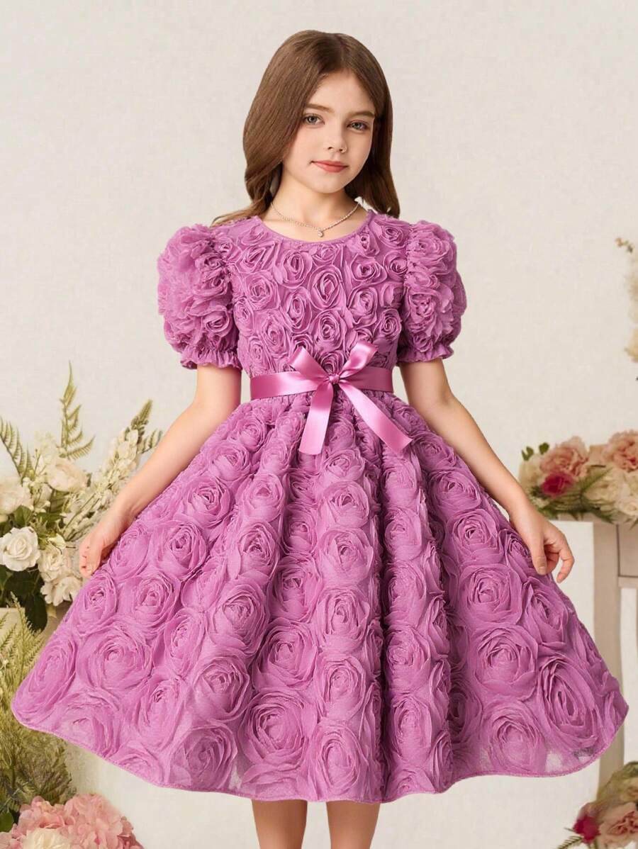 Vestido de verano elegante para niñas con mangas abultadas, cintura entallada y estampado floral de unicolor