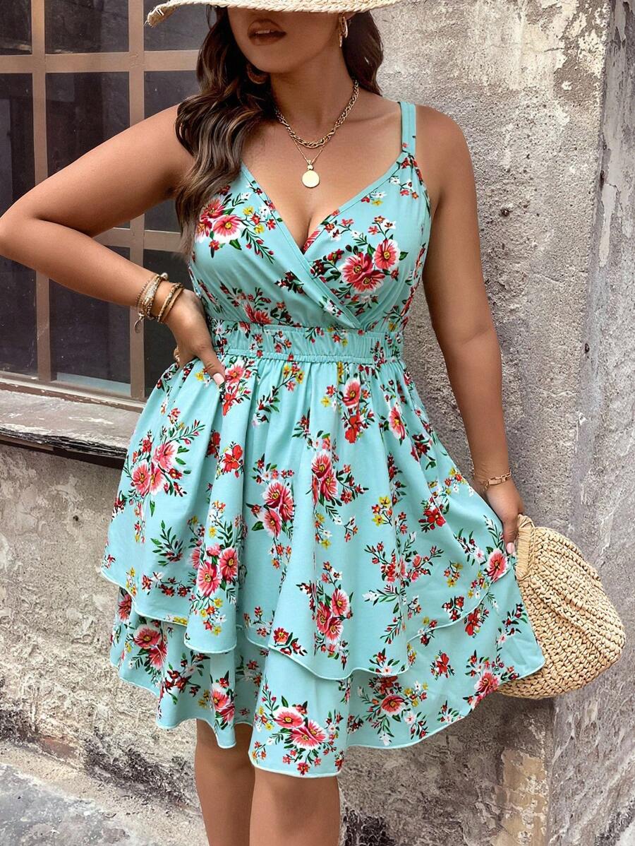 SHEIN VCAY Robe décontractée à imprimé floral sans manches pour grandes tailles