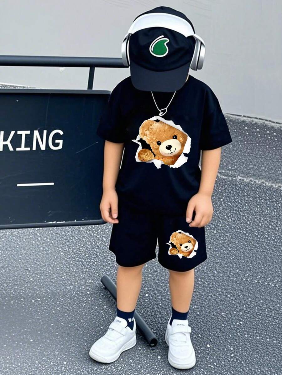 2 Stücke/Set Kleinkind Jungen Lässig süßer Bär Muster Kurzarm T-Shirt + Shorts Set