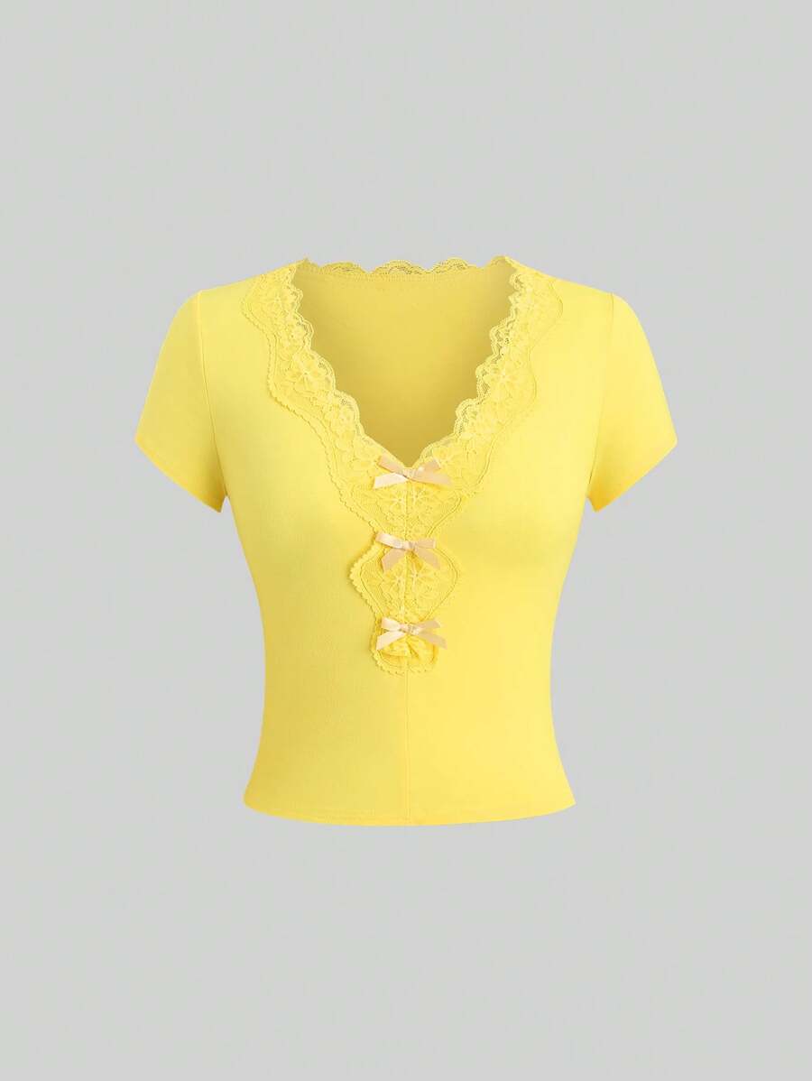 Sweetra Summer Elegant Lace Patchwork Bow Decor T-Shirt