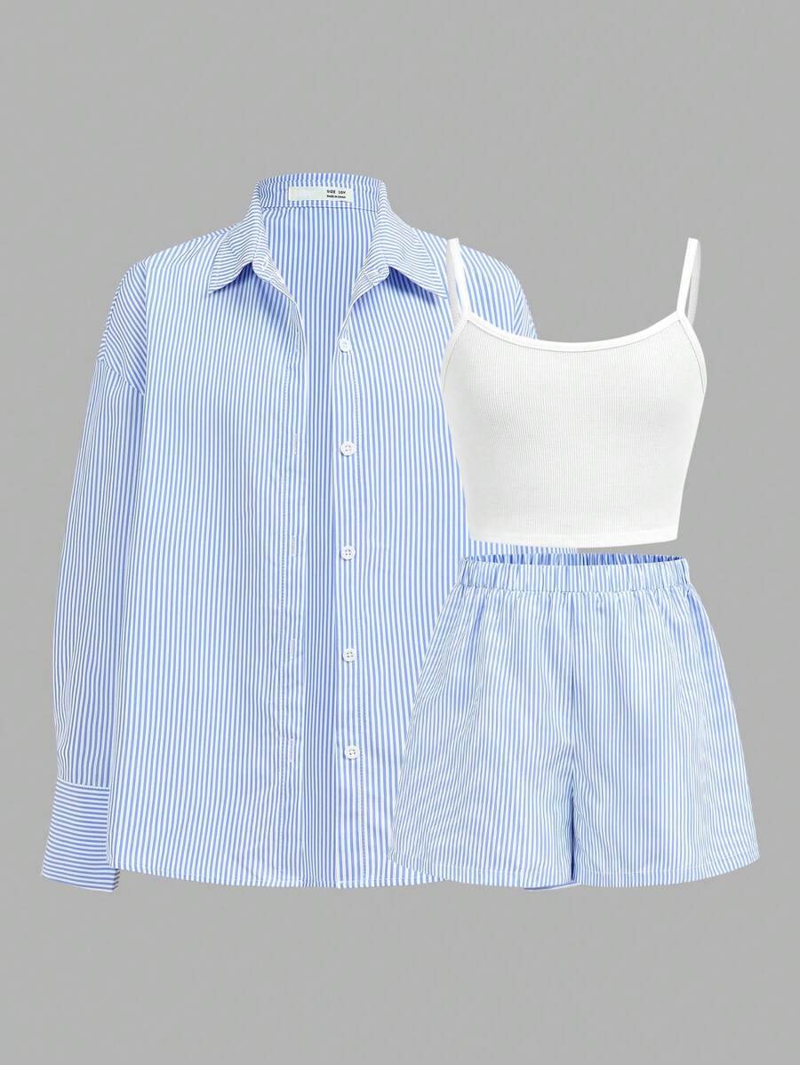 SHEIN Girlism Ensemble de 3 pièces chic et décontracté pour préadolescentes, composé d'un Top rayé bleu et blanc avec nœud, d'un débardeur blanc ajusté et d'un short