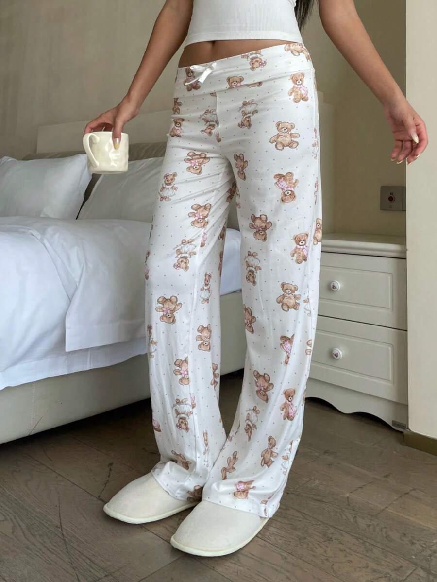 Pantaloni ampi da yoga in maglia bianca con stampa di orsetto teddy a vita bassa con laccetto, abbigliamento casual per la casa, adatto per l'estate, per ragazze adolescenti