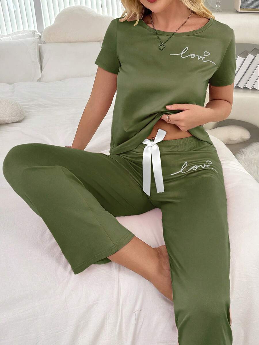 Women Casual Simple Printed Short Sleeve T-Shirt & Pants Pajama Set