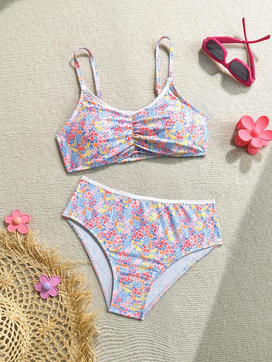 Tween Girls Bikini Sets, Ditsy Floral 2 Pieces Swimsuit, Fashionable Casual Elegant Swimwear Suitable For Swimming, Vacation, Summer (Random Print) Young Girls Sets Young Girl Summer Outfits Bathing Suits For Teens Sets Bathing Suits Teen Set Summer Bathing Suits 1pc For Teens