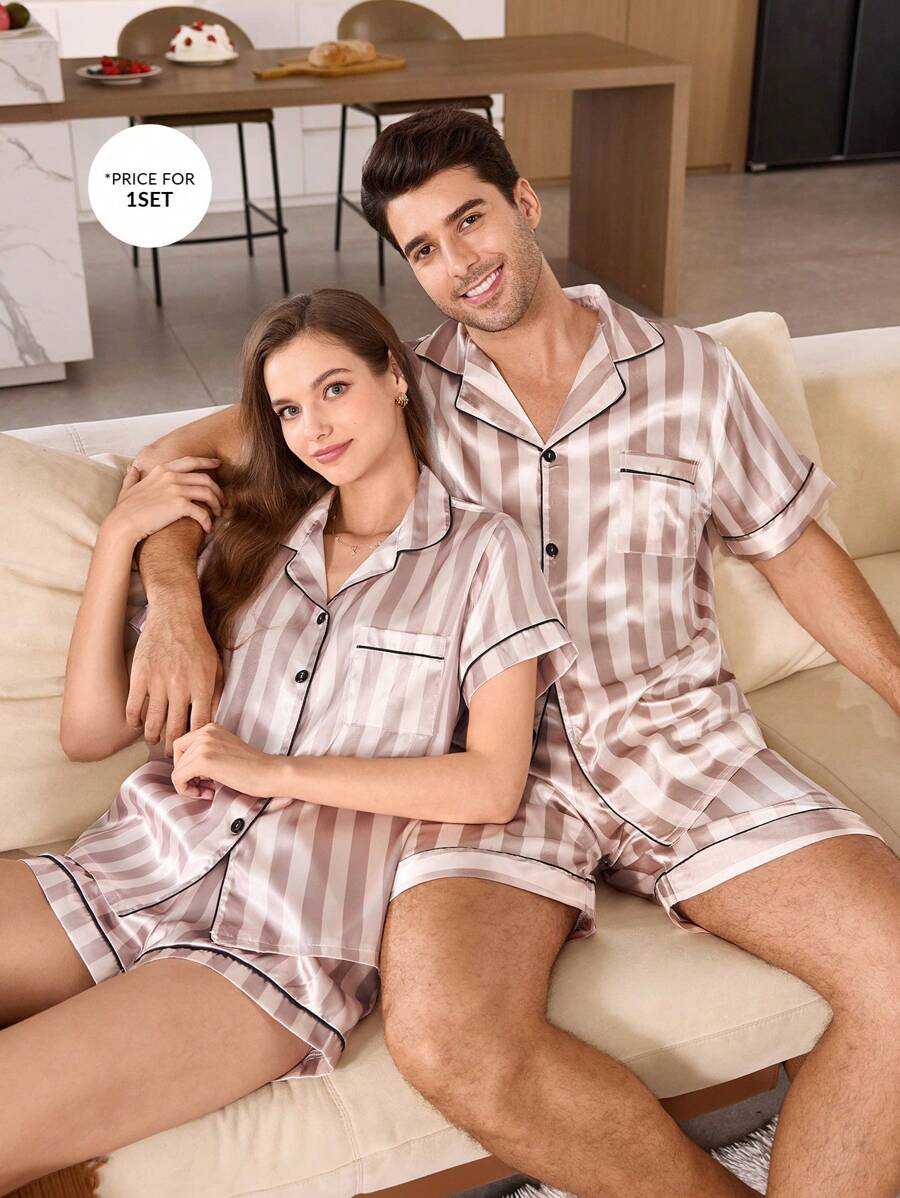 SHEIN Conjunto de pijama de hombre con estampado de rayas, short con bolsillo y manga corta