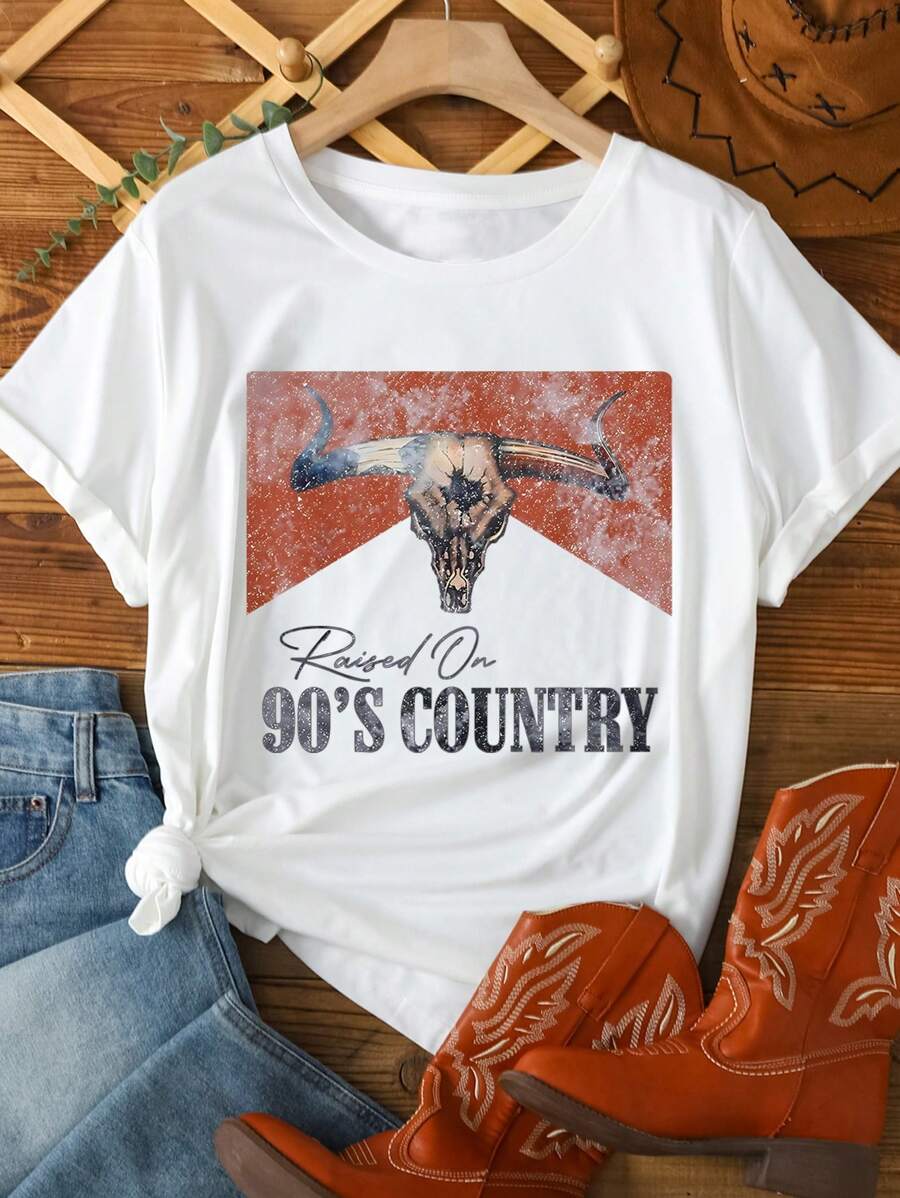 SHEIN LUNE Distressed Vintage Style Raised On 90s Country Tee Country Concert Shirt Western Cowgirl Style Sweatshirt Nashville Girls Trip Hoodie Plus Size Round Neck T-Shirt