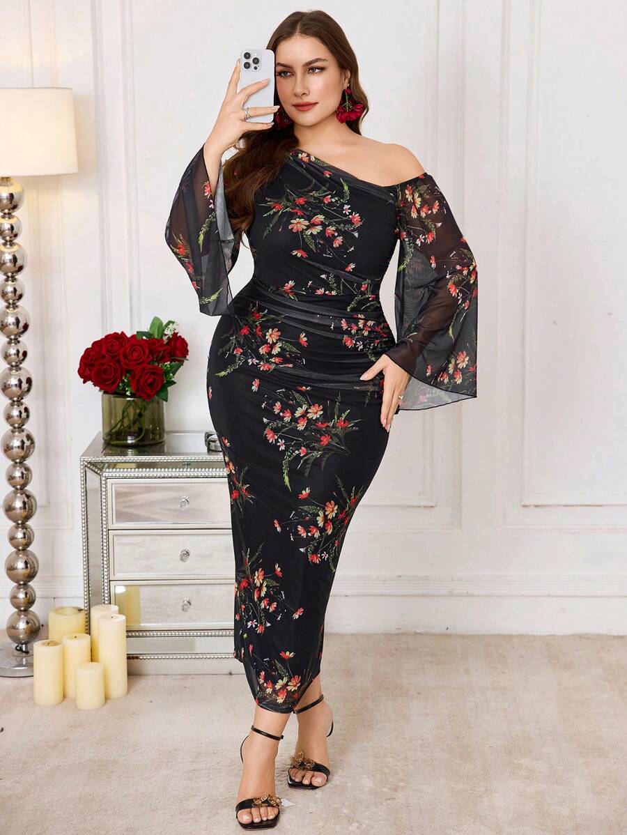 Modelyn Vestito lungo elegante con stampa floreale, maniche a campana e spalle scoperte, aderente, stile casual, taglie comode, primavera/estate