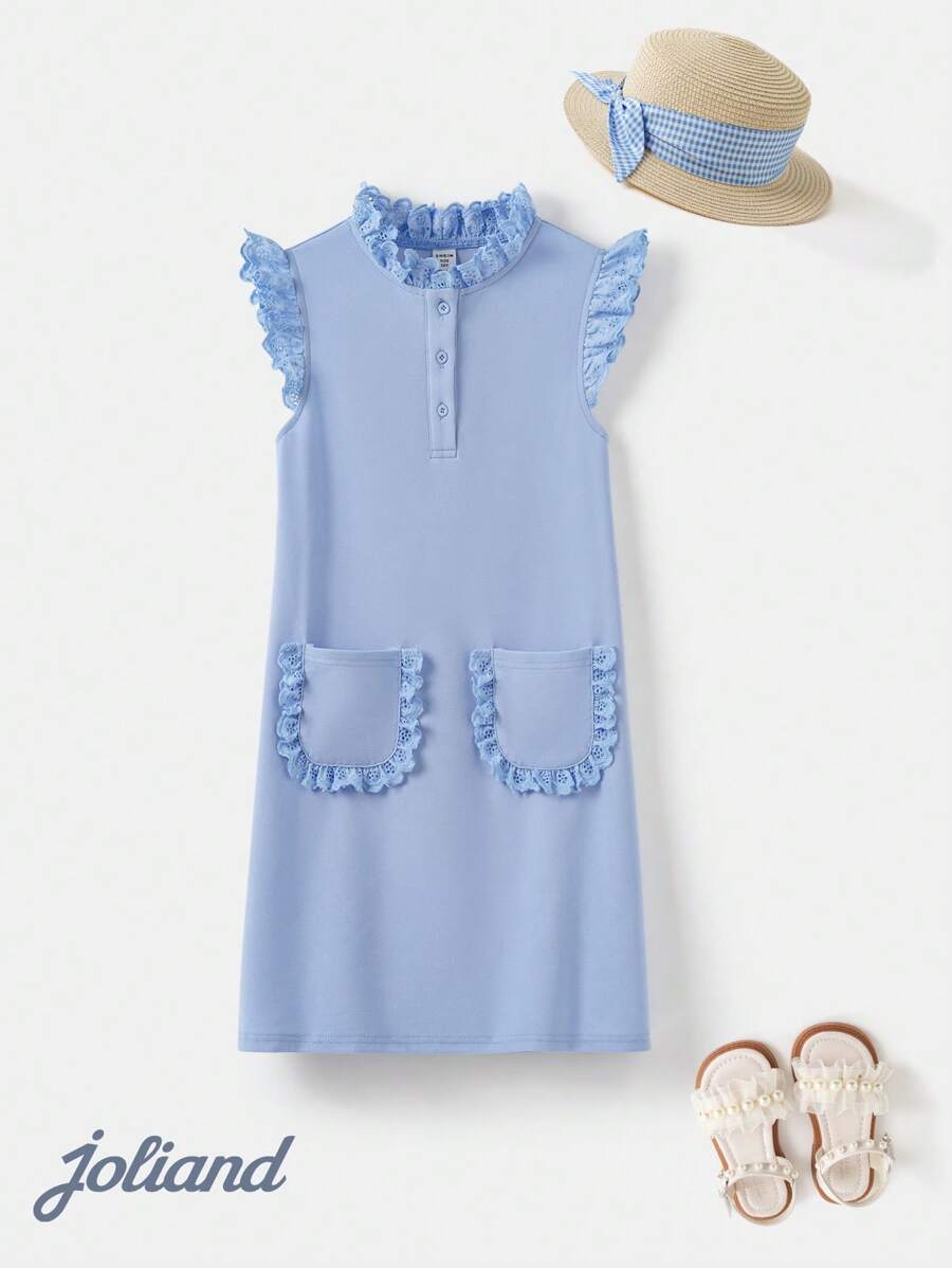 Joliand Joliand 1 pieza Vestido de línea A sin mangas con volantes y bordado elegante para niñas preadolescentes, adecuado para viajar, fiestas, playa, verano