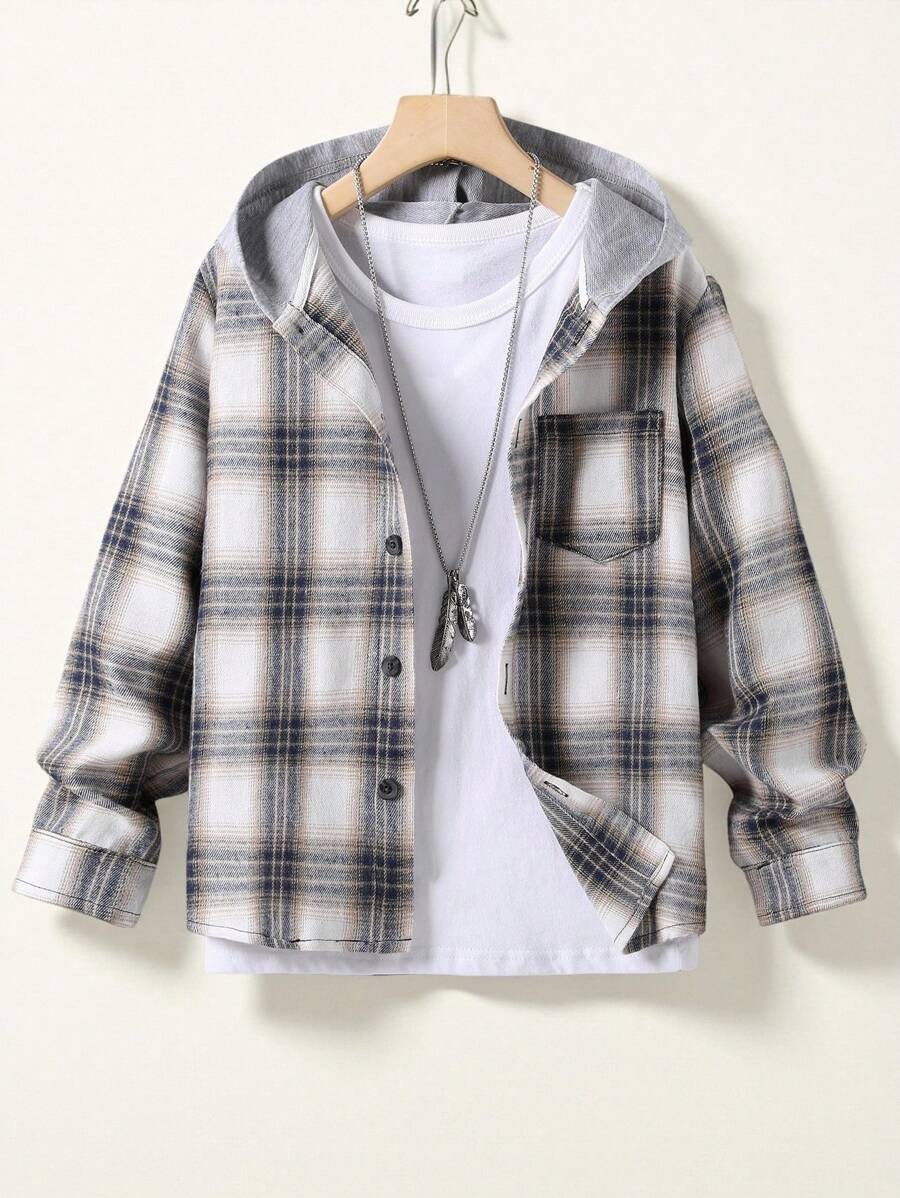 SHEIN Ragazzo Tween Camicia con stampa quadri con cappuccio senza maglietta