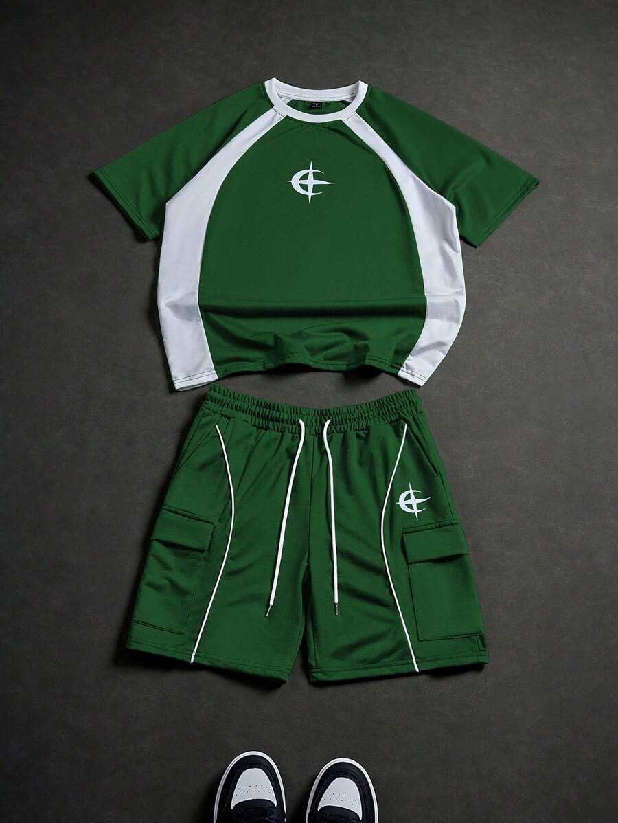 Manfinity Streetrush Set de 2 piezas de camiseta y shorts casuales de verano de hombre con bloques de color