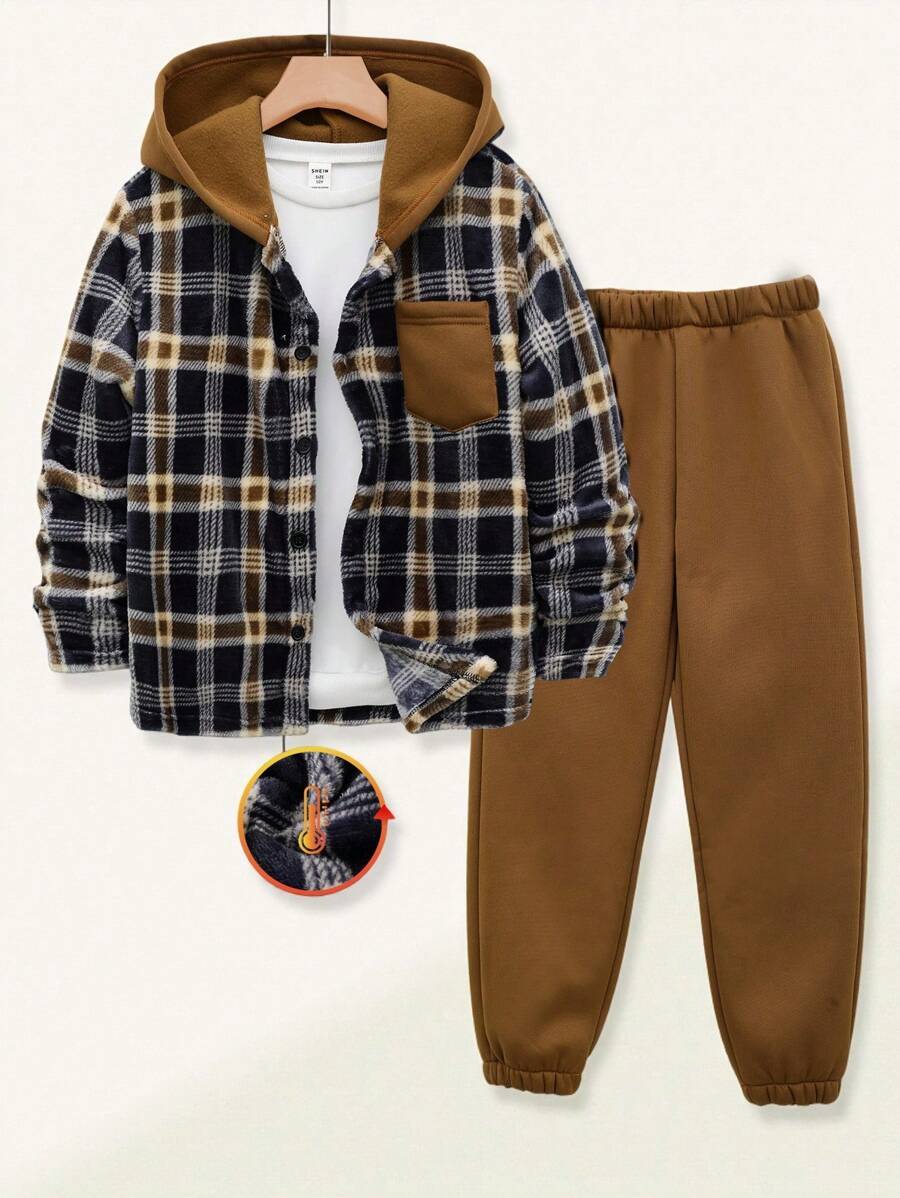 SHEIN 2 pezzi Set di giacca con cappuccio e pantaloni jogger a quadri alla moda per bambino preadolescente, per Natale