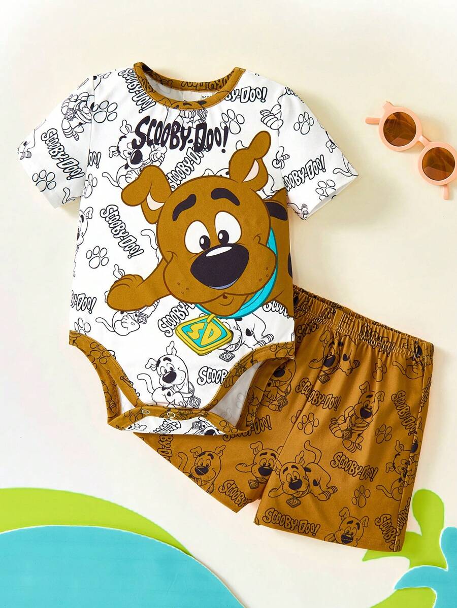 SCOOBY-DOO X SHEIN 2 pezzi/set, body e pantaloncini estivi per bambino con stampa di cani cartoni animati e profili a contrasto