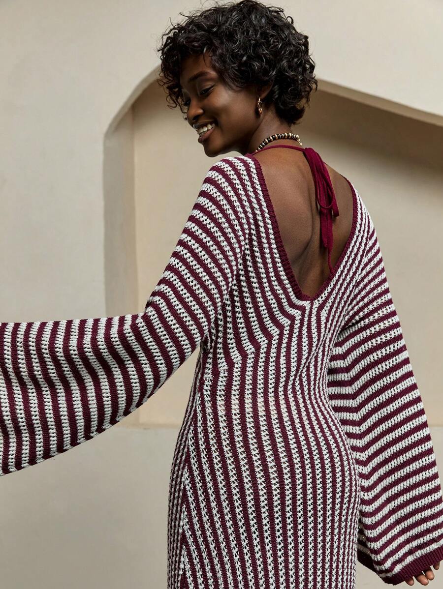 Bóhologie Vestido de punto tipo pareo con cuello en V, espalda descubierta y detalles rayados para mujer