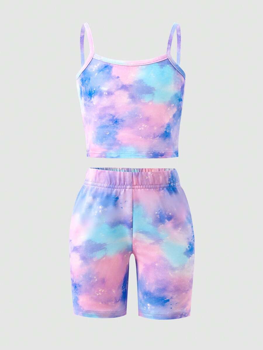 2pcs Girls Casual & Comfortable Tie-Dye Printed Cami & Shorts Set