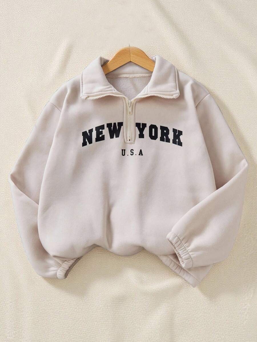 SHEIN Felpa con cappuccio e mezza zip con colletto alto, foderata in termico, con stampa New York, casual, adatta per l'uso quotidiano, per ragazzi pre-adolescenti