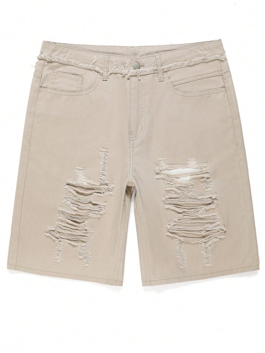 Manfinity LEGND Men's Casual Solid Color Ripped Denim Shorts For Summer