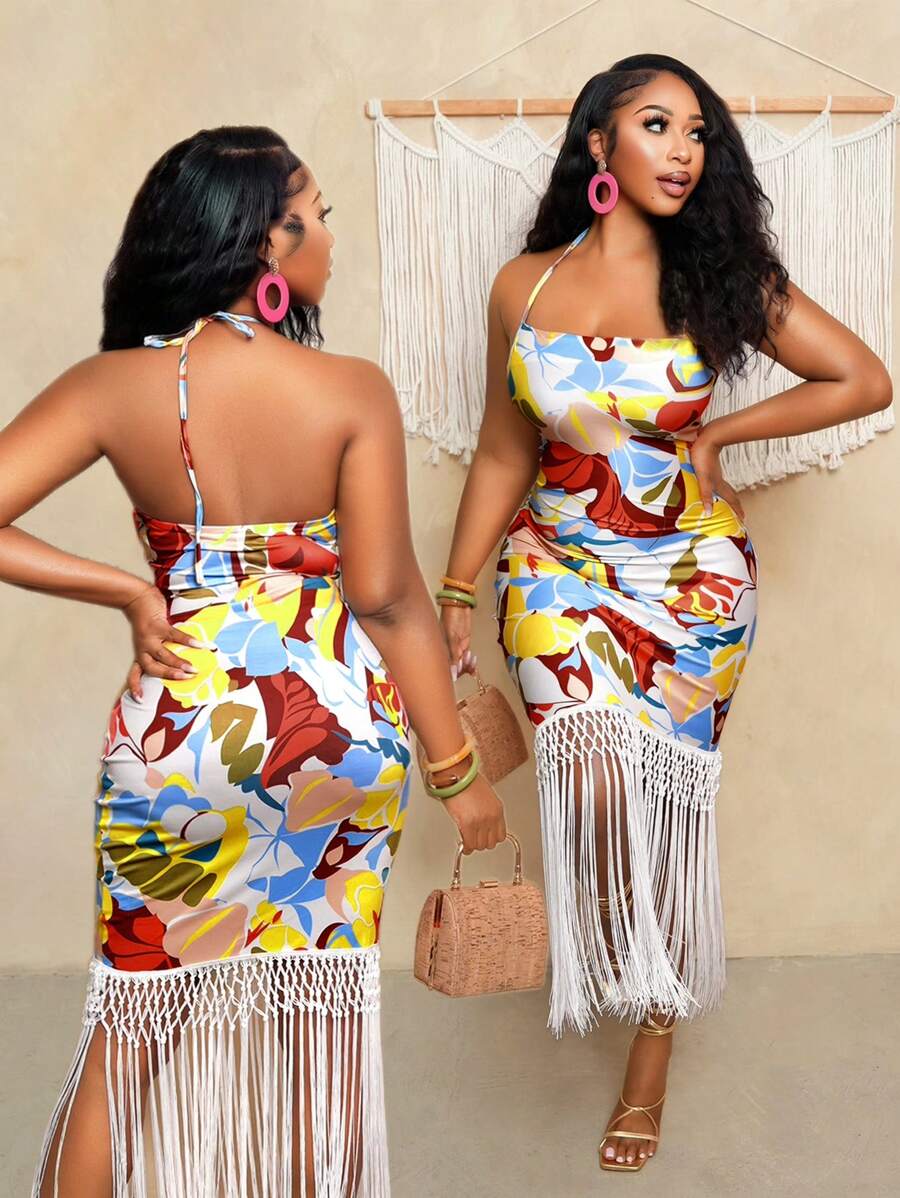 BamGleam Women's Colorful Printed Tassel Decor Dress