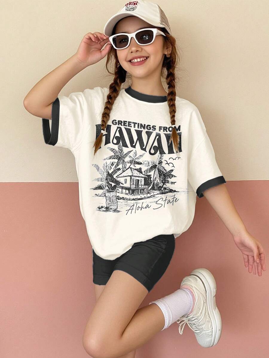Set de 2 piezas de camiseta de manga corta y pantalones cortos casuales para niñas preadolescentes, adecuado para el verano