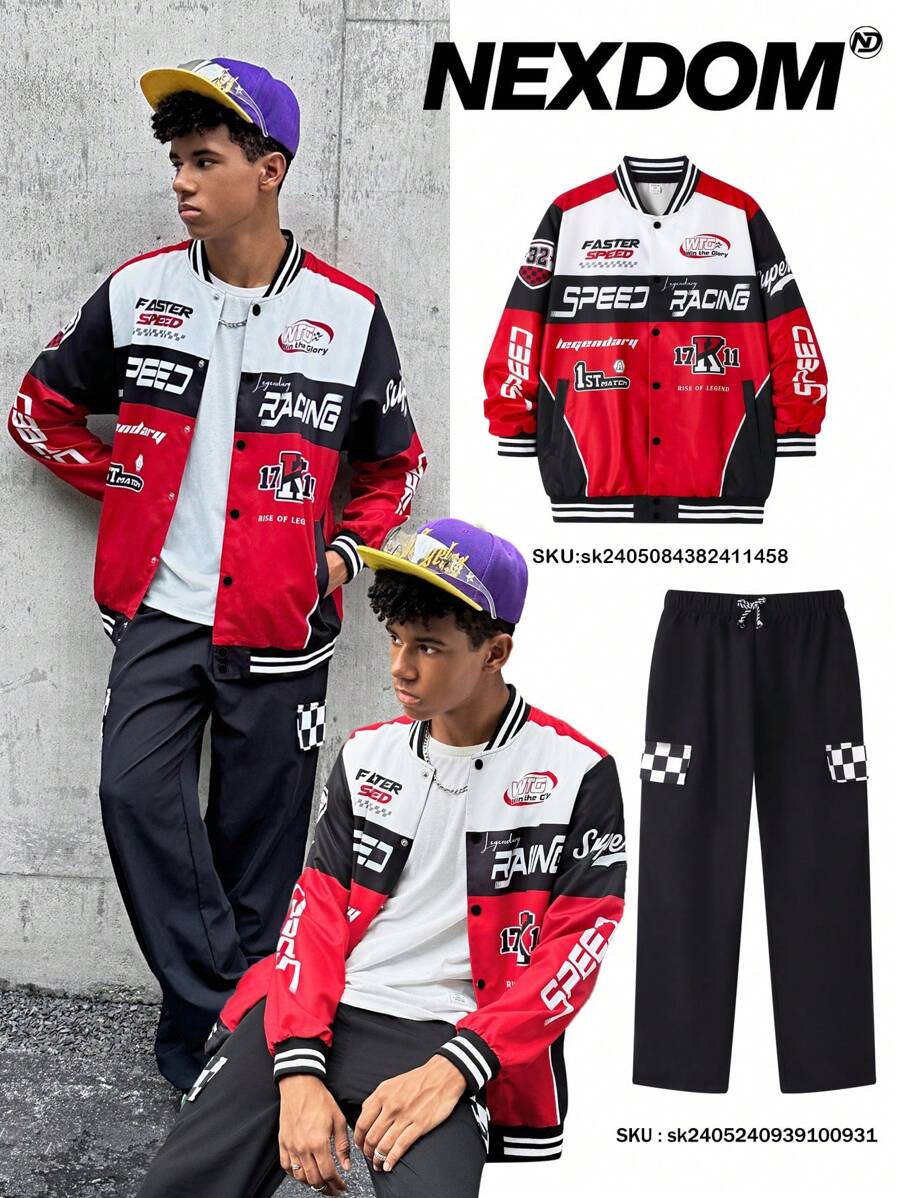 SHEIN Chaqueta informal de béisbol para adolescente con bloques de color, logotipo y estampado en inglés, manga larga con puño acanalado y tejido plano para abrigo, estilo urbano