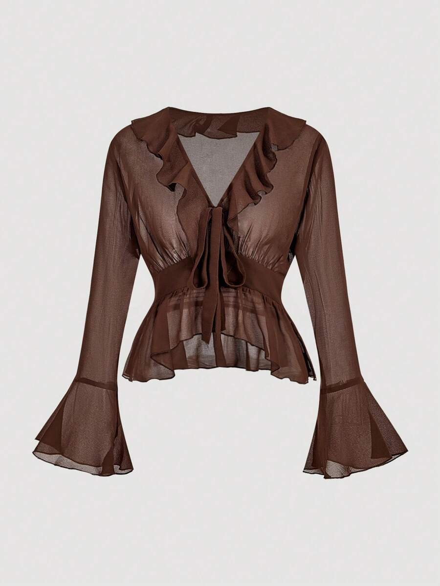 SHEIN MOD Camisa marrón con cuello en V, mangas acampanadas con volantes, cintura ajustada y cordones