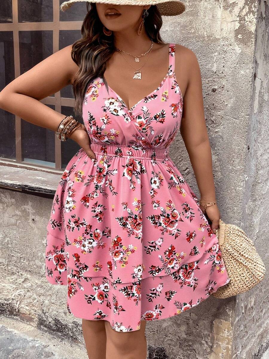 SHEIN VCAY Plus Size Women Floral Print Casual Sleeveless Dress