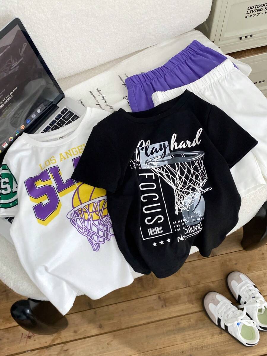 Set de 4 piese pentru băieți, casual, versatil, cu imprimeu de baschet, top cu mânecă scurtă și pantaloni scurți