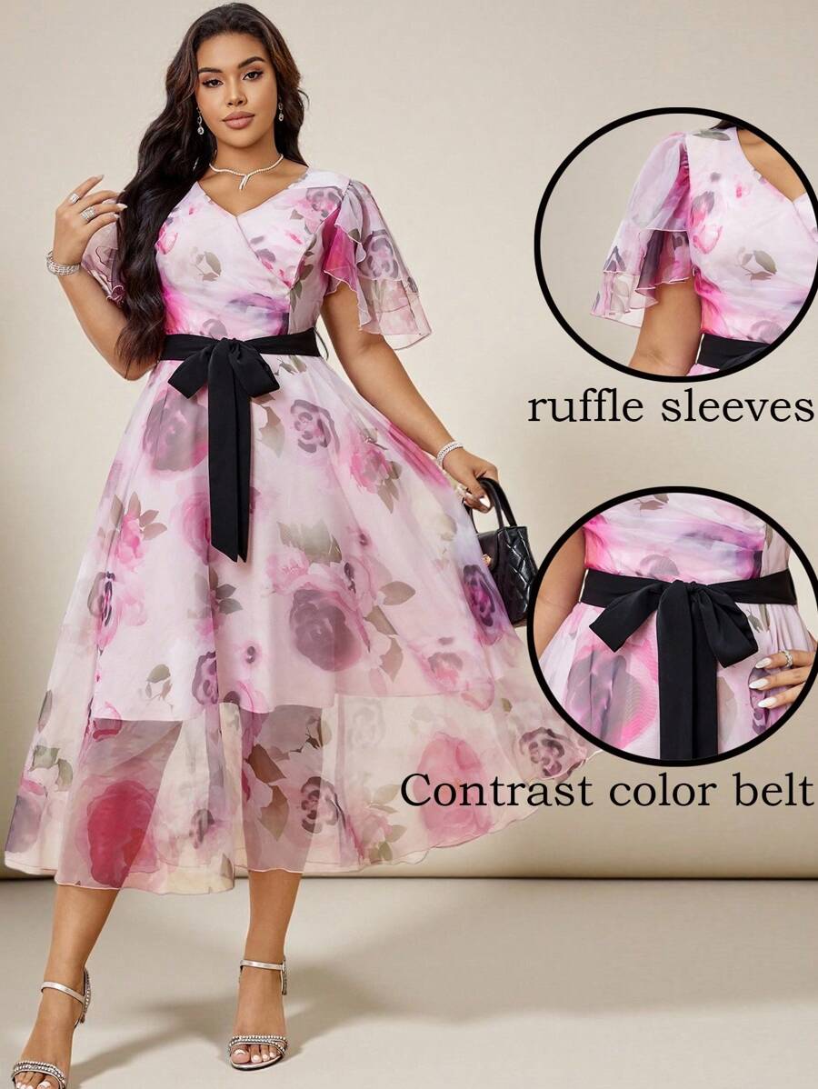 Modelyn Plus Size Floral Print V-Neck Belted Short Sleeve Elegant Dress