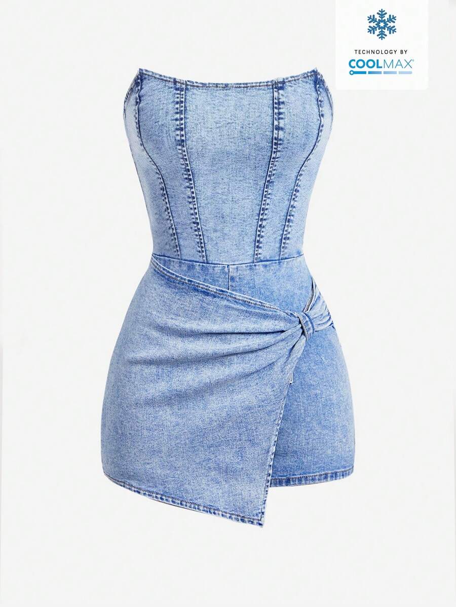 SHEIN MOD Camiseta de tirantes con punto de hueso de pescado azul y mono vaquero de verano para mujer