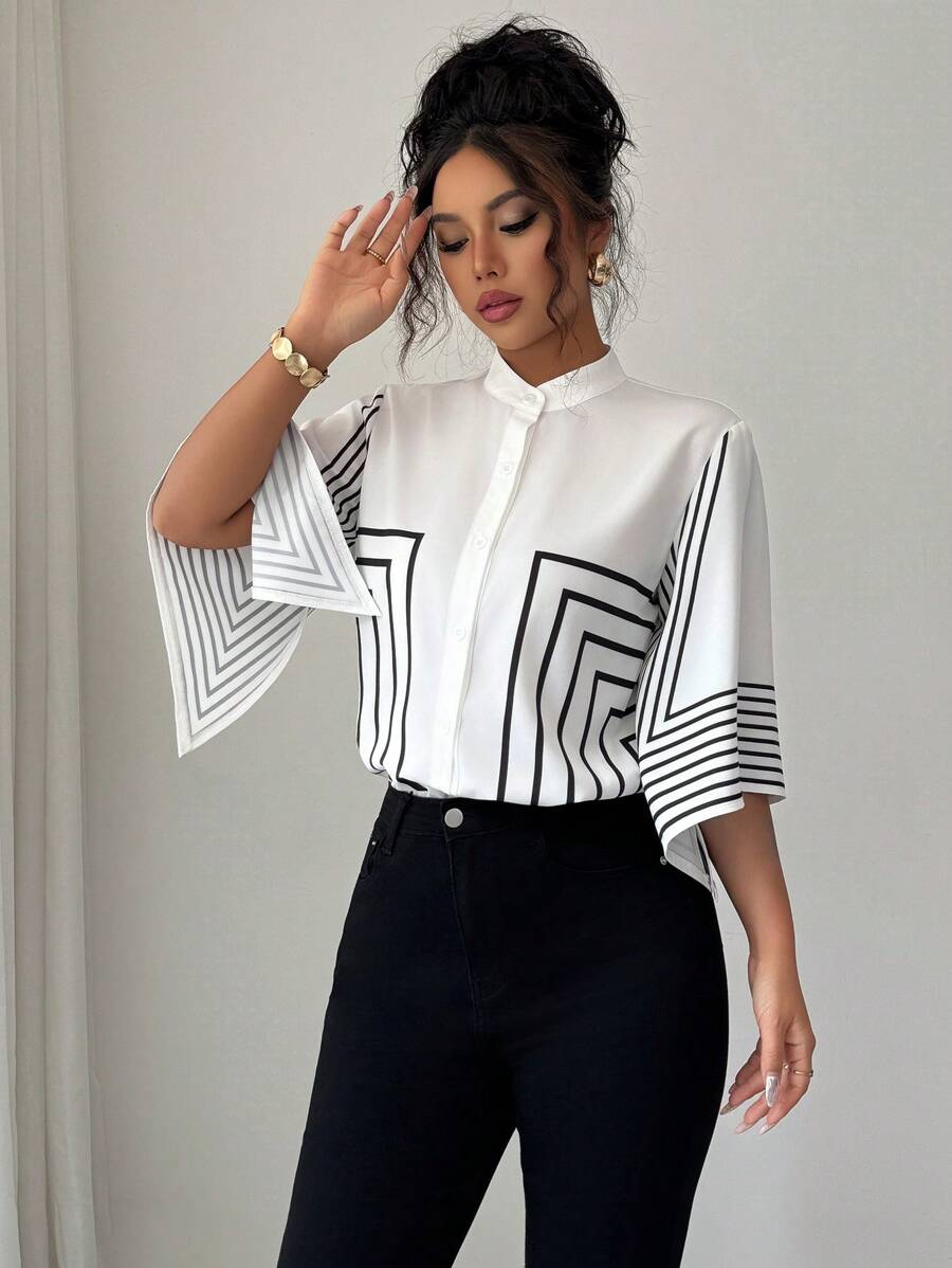 Elenzga Stand Collar Placement Digital Print Geometric Lines Asymmetrical Sleeve Opening French Elegant Shirt, Resort Wear Spring/Summer