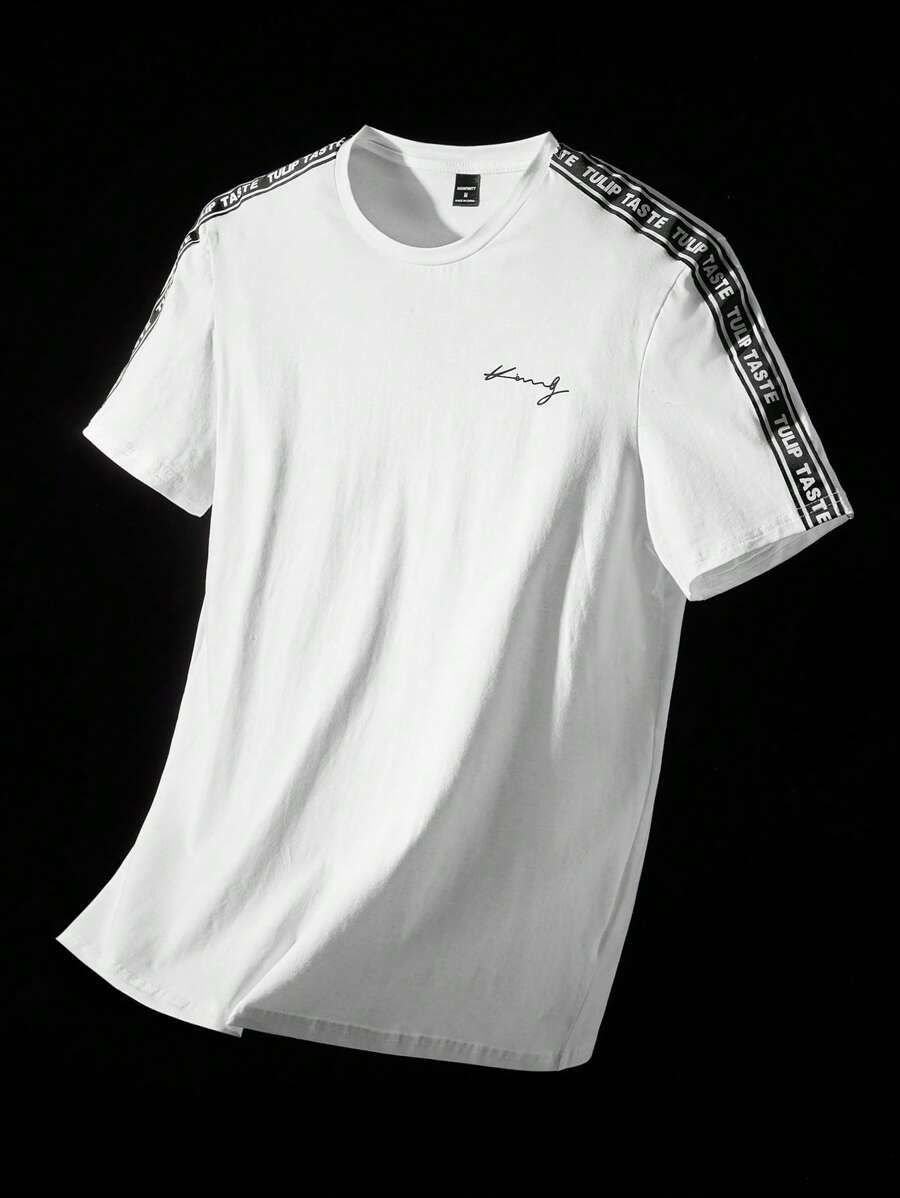 NEON BLANC Maglietta da uomo in cotone con grafica a lettere e nastro a contrasto, adatta per l'estate, stile urban