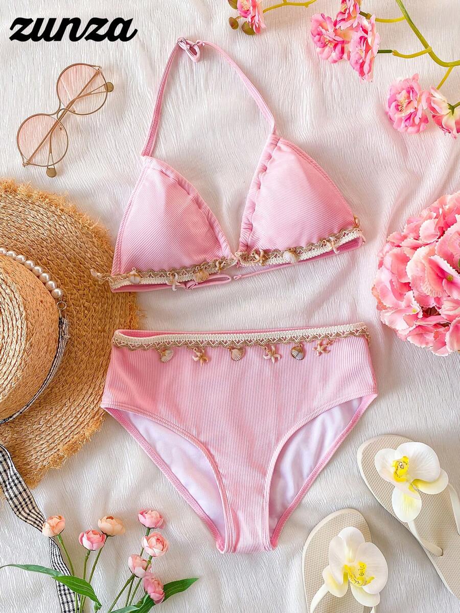 Traje de baño para adolescentes - Tela acanalada rosa con decoraciones de accesorios con criaturas acuáticas, conjunto de ropa de baño