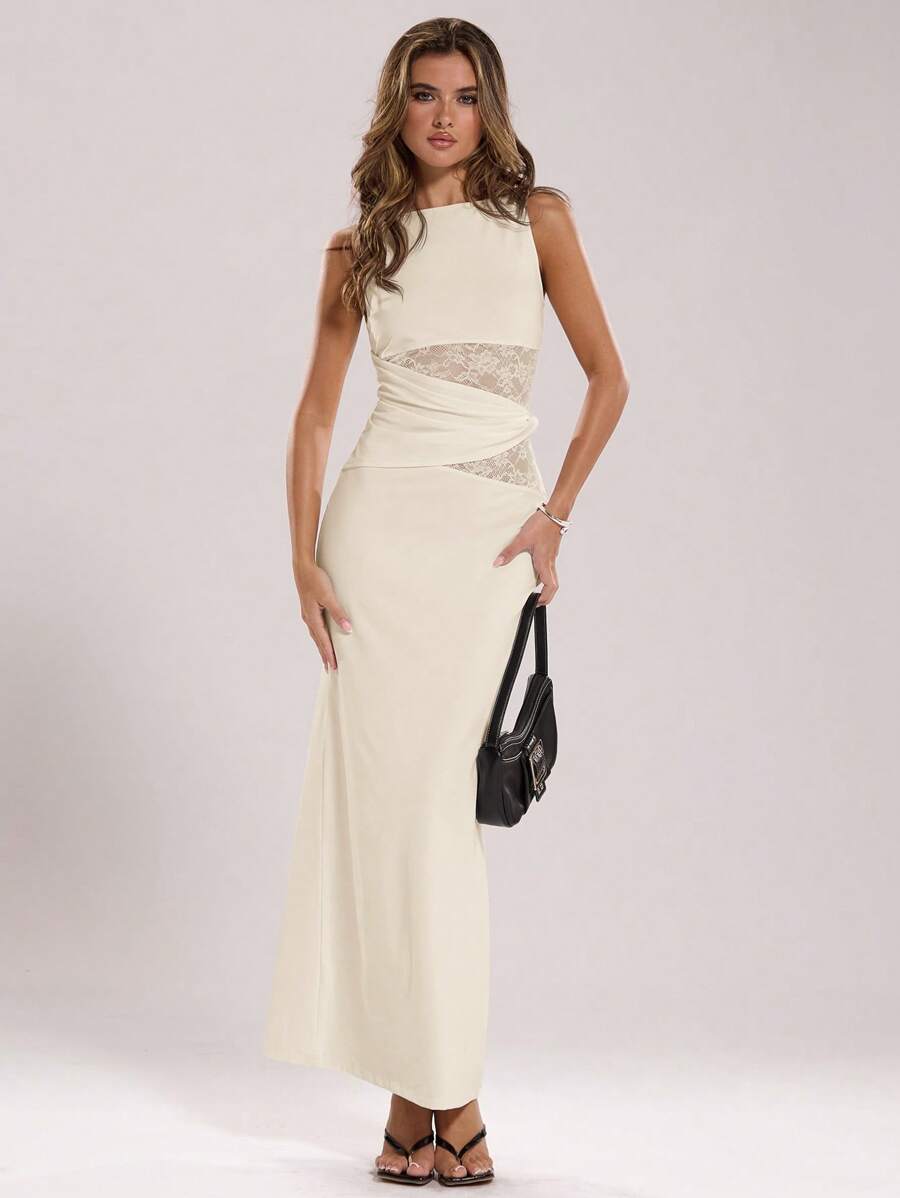 SHEIN BAE Women's Black Elegant Lace Stitching Sincere Long Dress,Elegant Women Dresses,Party Women Outfits,New Years Women Dress,Black Women Dresses,New Years Women Outfit,New Year Party Dress