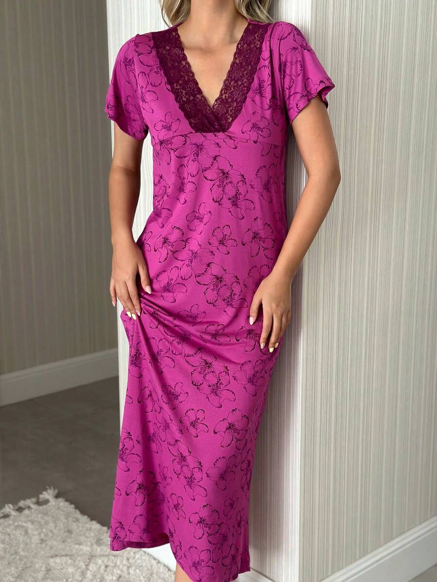 Robe de maison longue en coton avec motif floral et couleurs contrastées en dentelle pour se détendre