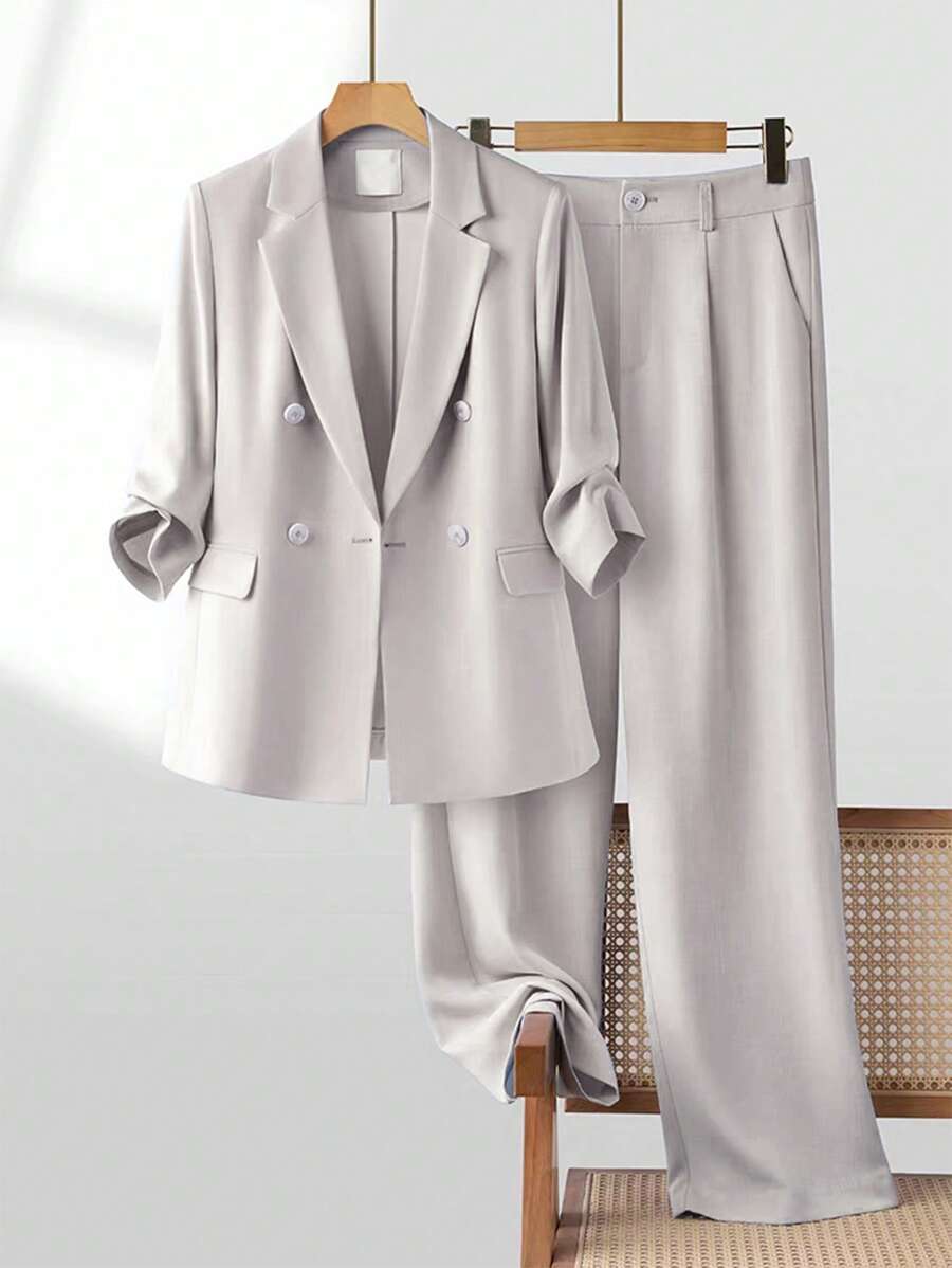 Franclia Women's Elegant Office Casual Buttoned Sleeve Mid-Sleeve Pant Suit