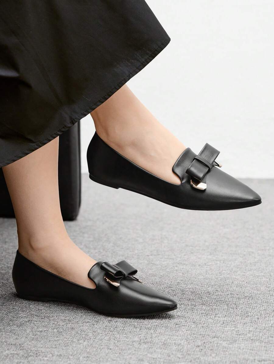 CUCCOO BIZCHIC Women's Pointed Toe Flat Black Bow Metal Buckle Comfortable Elegant Office Work Shoes